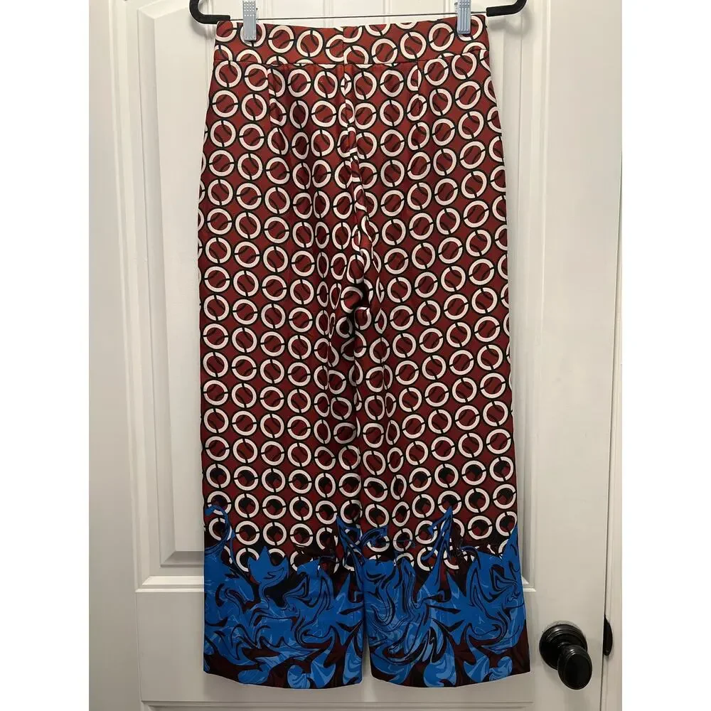 Zara Women's Geometric Print Lightweight Satin Wide Leg Pants Size S Brown Blue‎ - Picture 4 of 5